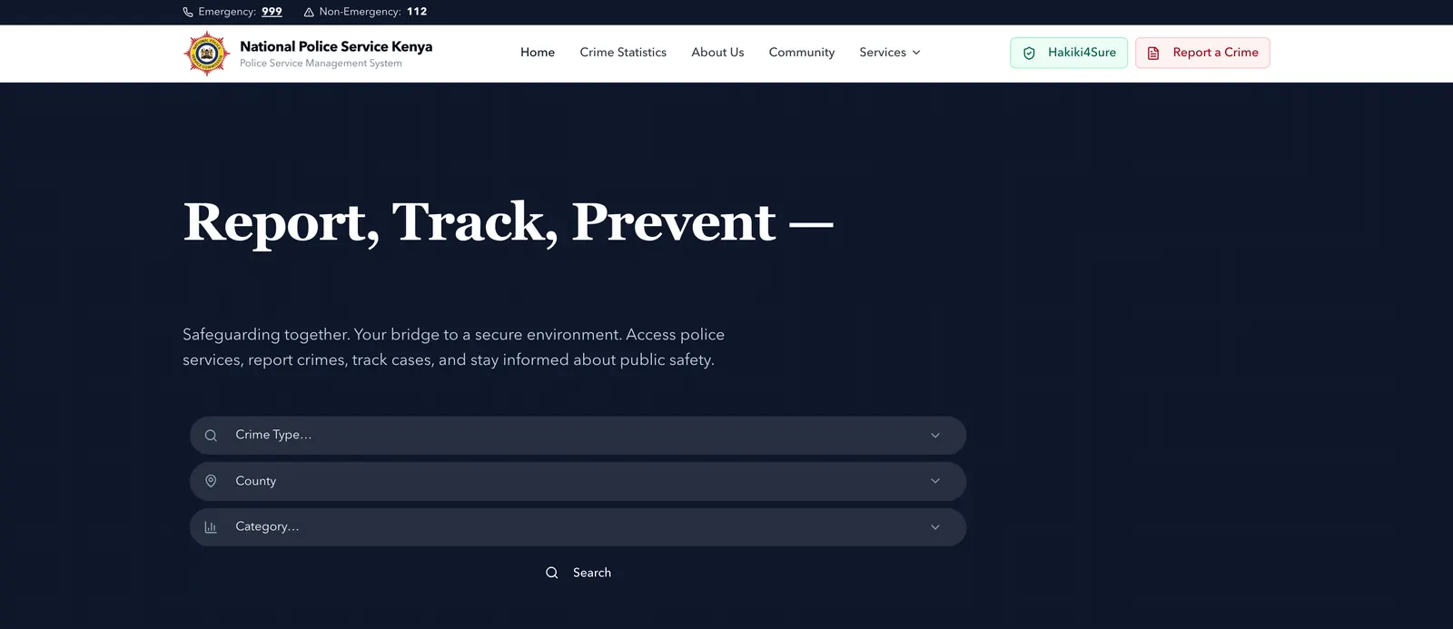 The live PSMS public reporting portal on desktop: a navy hero reading “Report, Track, Prevent” above search filters for crime type, county and category.
