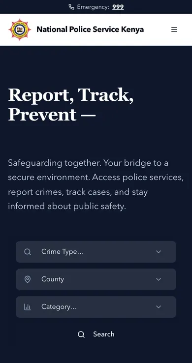 The same portal on a phone: the “Report, Track, Prevent” headline above the stacked crime search filters.